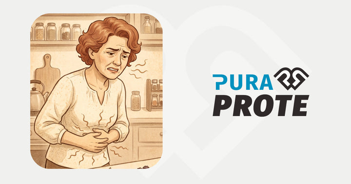Ilustración de una mujer en la cocina sosteniéndose el abdomen con expresión de malestar