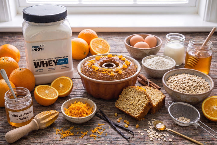 Queque húmedo de proteína, naranja y avena, receta con proteína whey/ISO Pura Prote