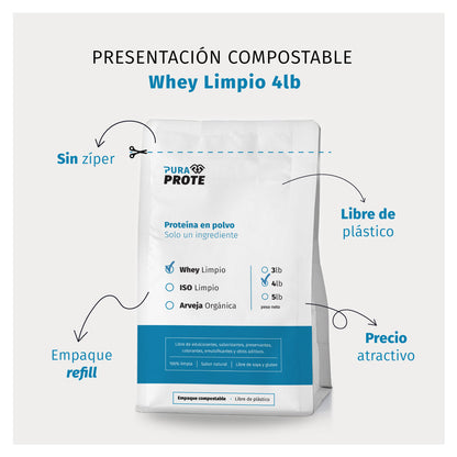 imagen de presentacion compostable de whey limpio 4 libras con info del impaque