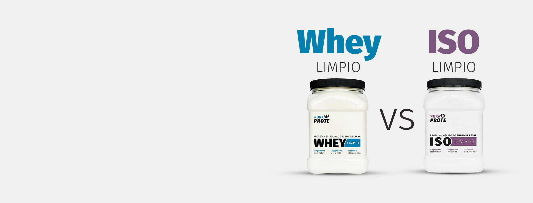 Tarros de Whey e ISO Limpio Pura Prote, con el texto Whey vs ISO