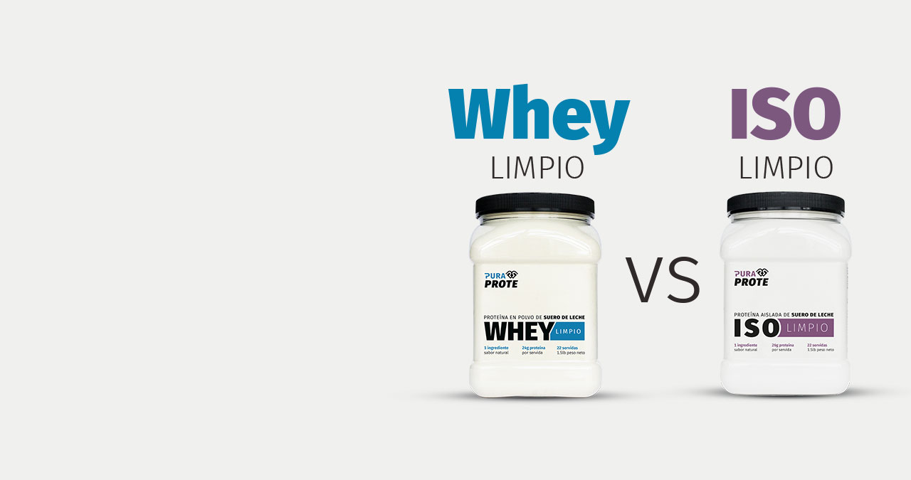 Tarros de Whey e ISO Limpio Pura Prote, con el texto Whey vs ISO