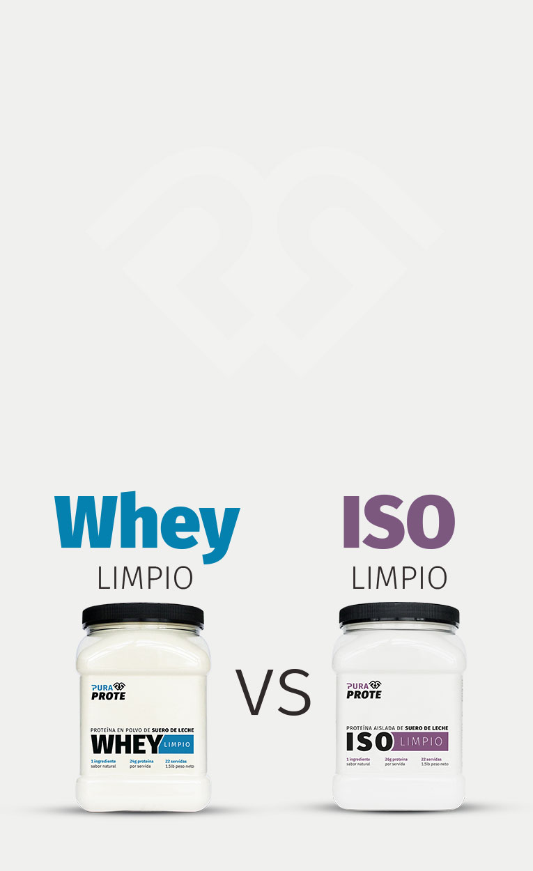 Tarros de Whey e ISO Limpio Pura Prote, con el texto Whey vs ISO