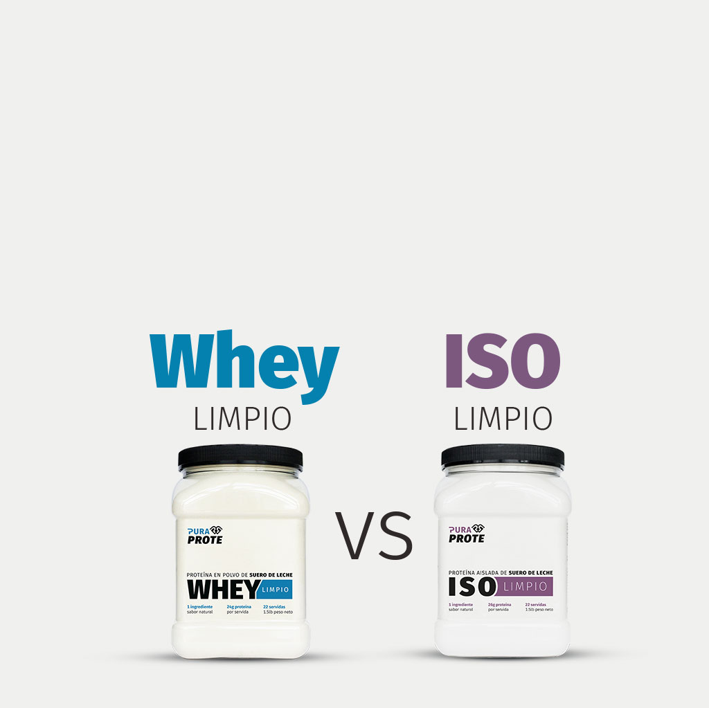 Tarros de Whey e ISO Limpio Pura Prote, con el texto Whey vs ISO